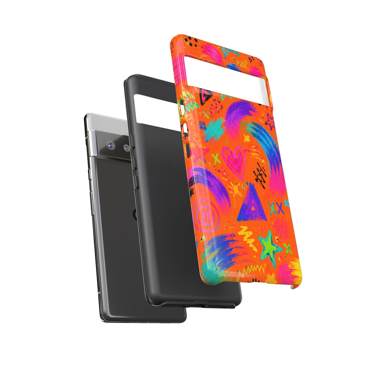 Colorful Neon Doodle Phone Case — Bright Abstract Stars & Hearts Tough Case