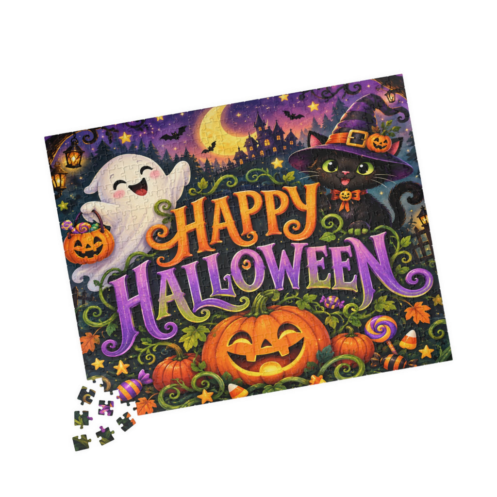 Happy Halloween Jigsaw Puzzle — Festive Pumpkin, Ghost & Witch Cat Puzzle (110/252/520/1014 pcs)