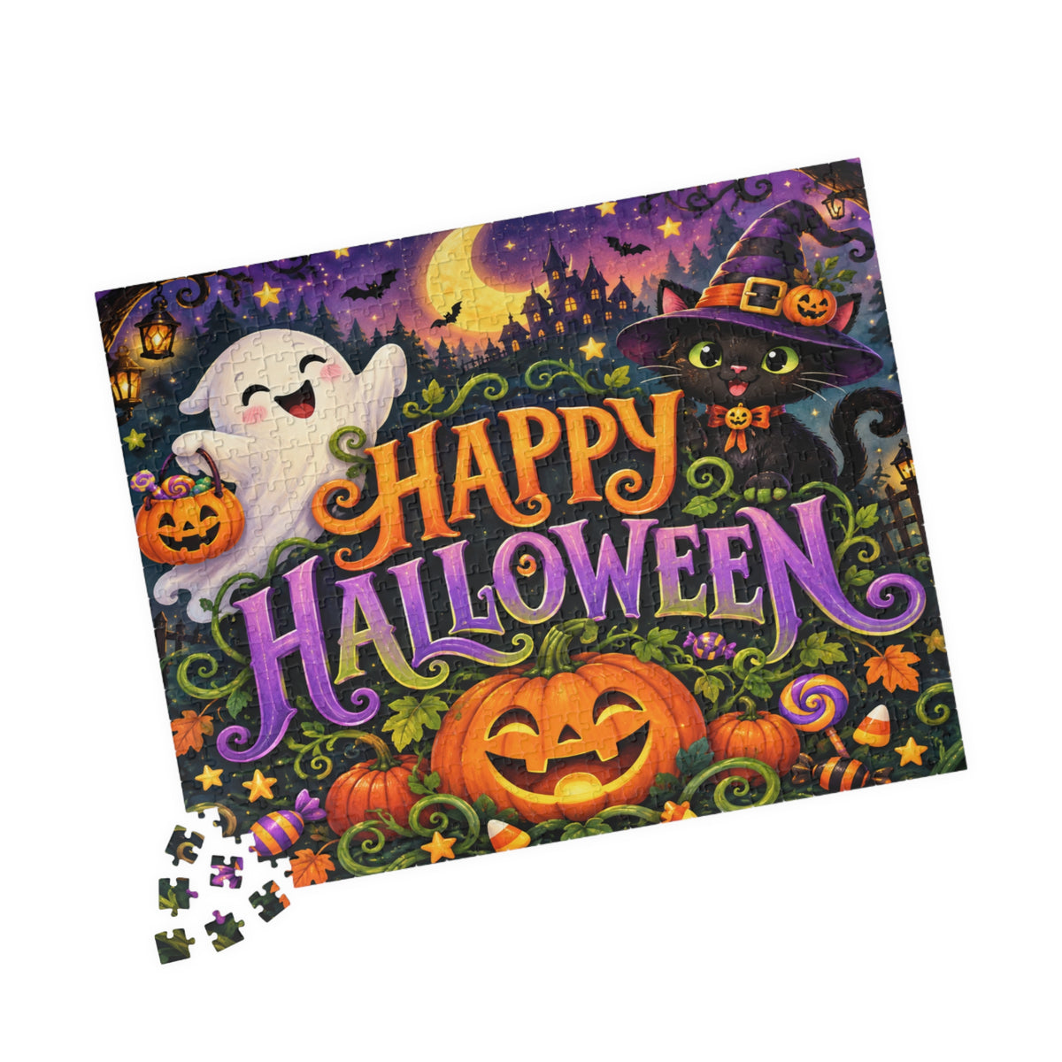 Happy Halloween Jigsaw Puzzle — Festive Pumpkin, Ghost & Witch Cat Puzzle (110/252/520/1014 pcs)