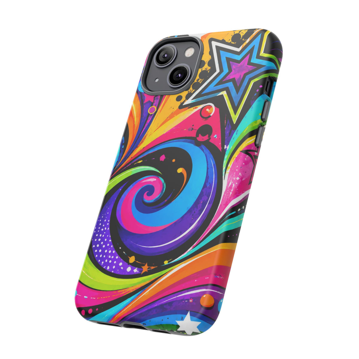 Psychedelic Swirl Phone Case — Bold Retro Stars & Neon Pop Art Tough Case