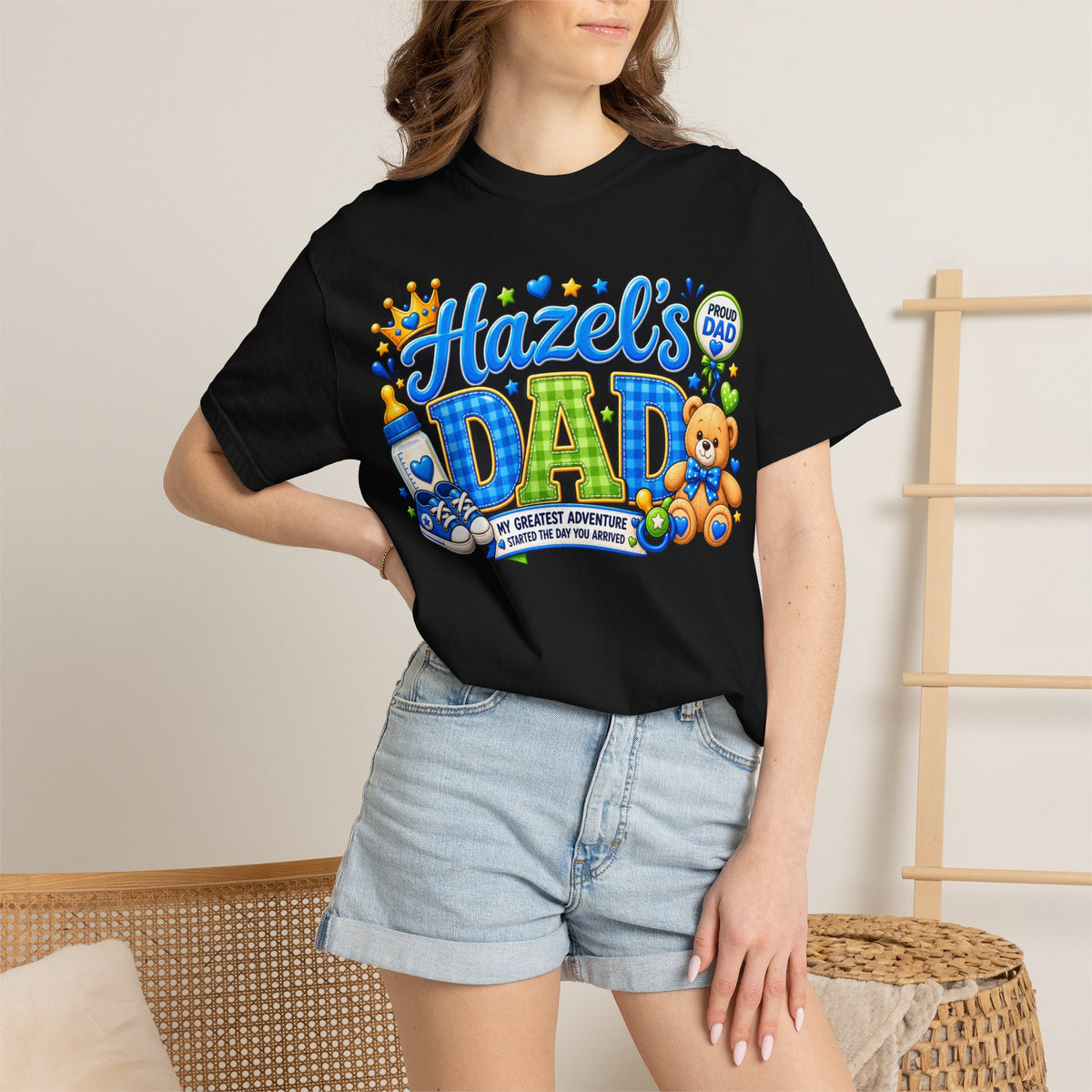 Hazel's Dad T-Shirt — Personalized Father Tee with Baby Bottle & Teddy Design