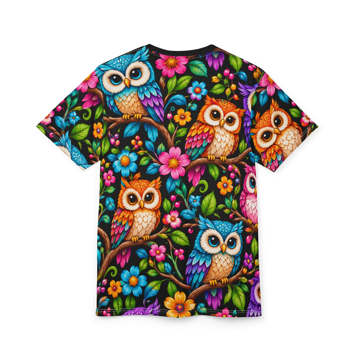Colorful Owl All-Over Print Tee — Whimsical Floral Bird T-Shirt