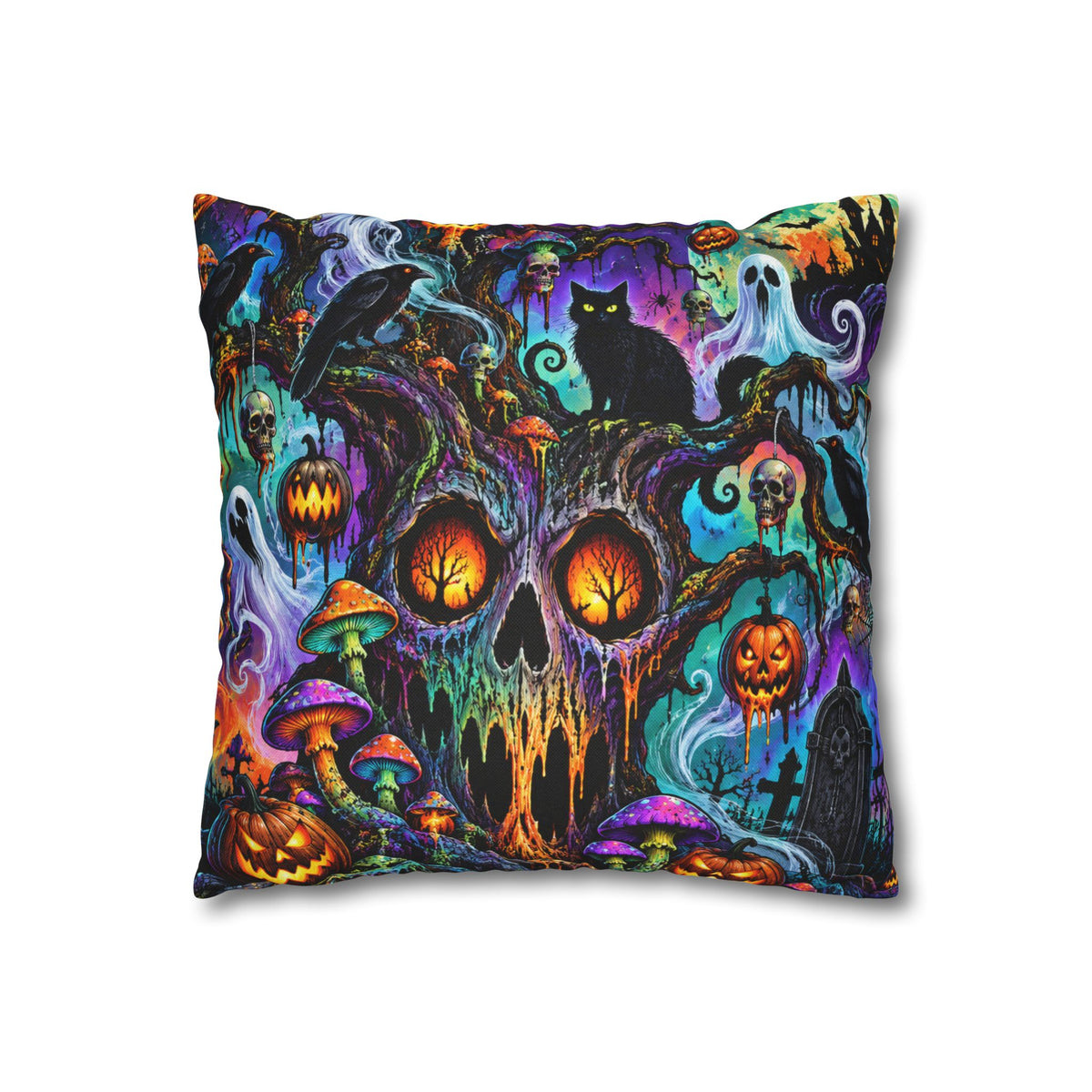 Halloween Skull & Cats Decorative Pillowcase — Spooky Pumpkin Night Throw Pillow Cover