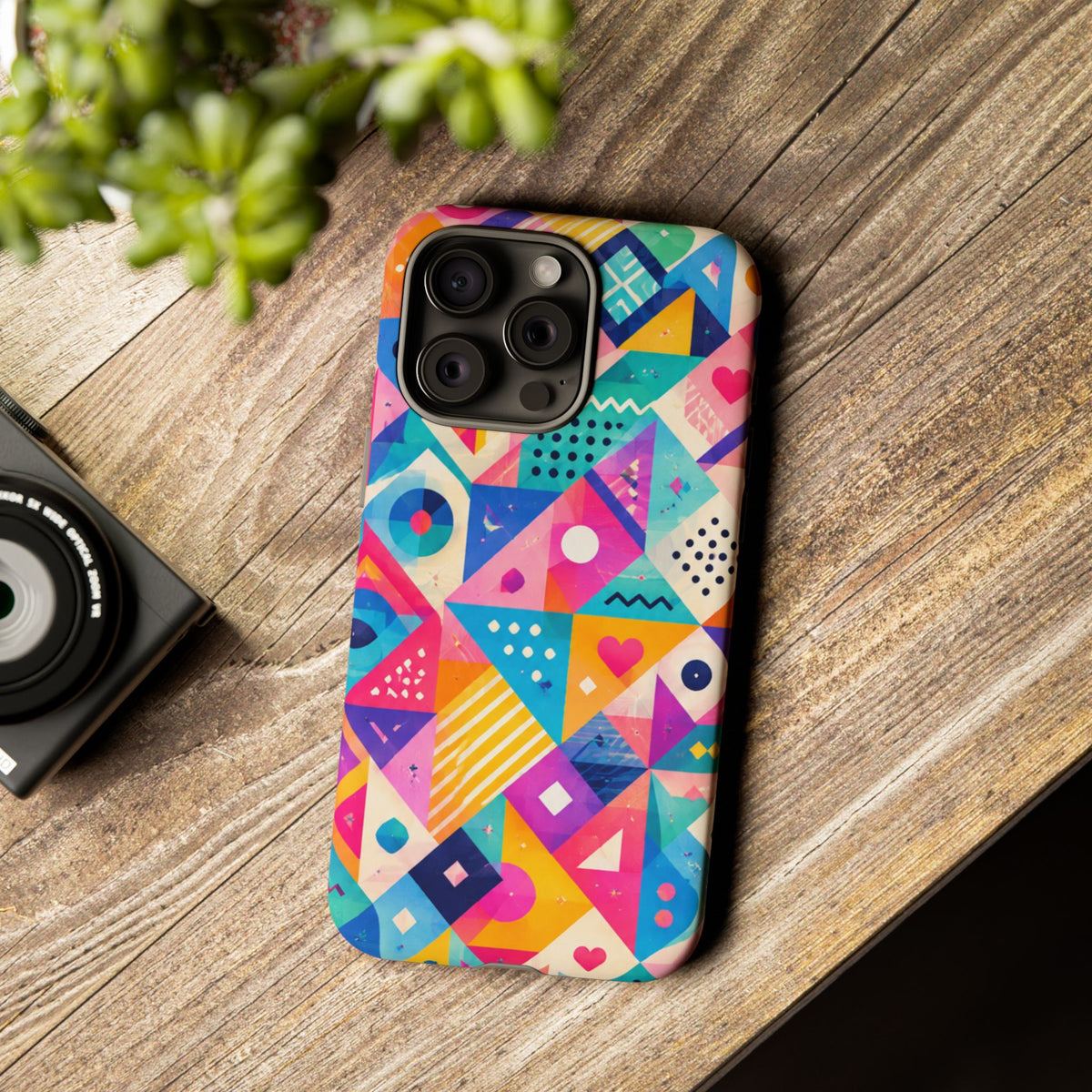 Colorful Geometric Tough Phone Case — Bright Abstract Heart & Triangle Pattern