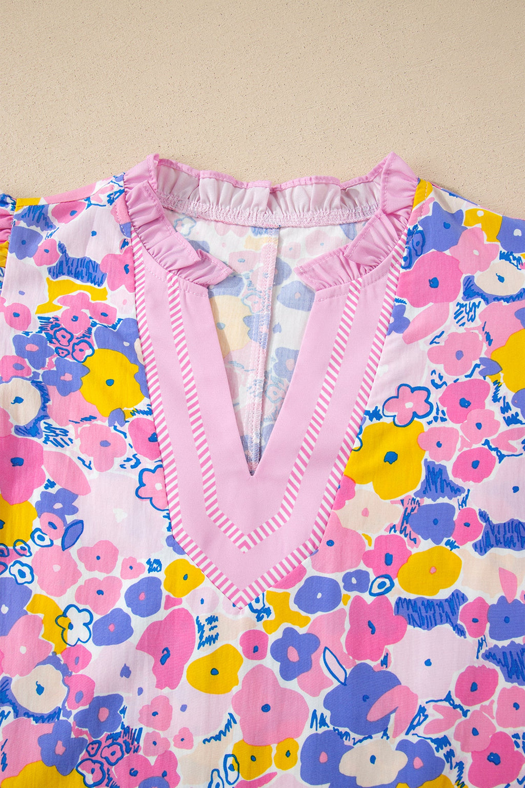 Floral Stripe Colorblock Flutter Sleeve Blouse