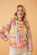 Geometric Stripe Crewneck Puff Sleeve Sweater