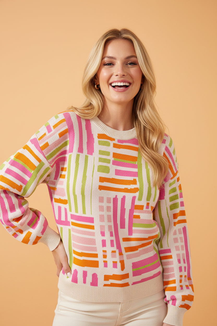 Geometric Stripe Crewneck Puff Sleeve Sweater