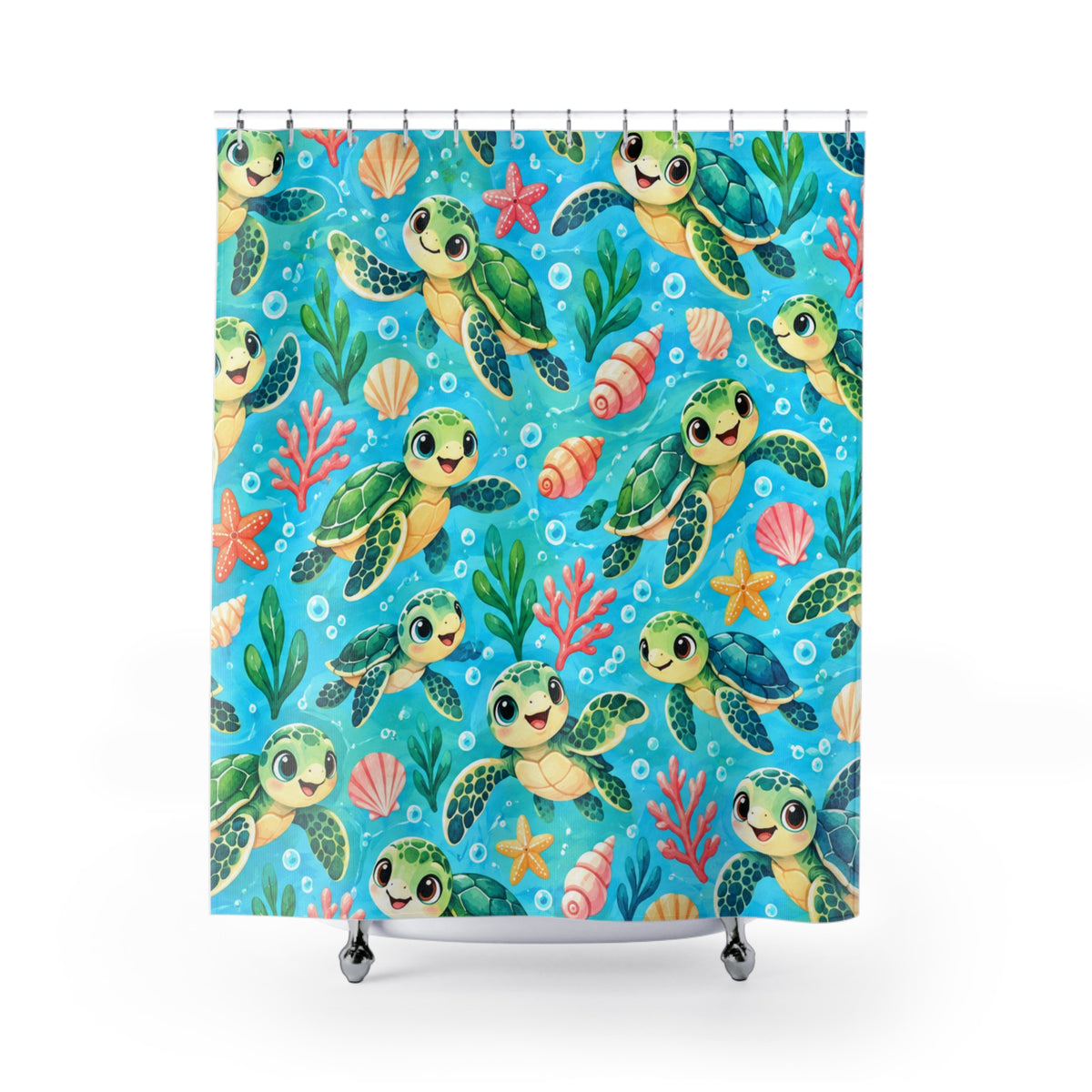 Cute Sea Turtle Pattern Shower Curtain | Ocean Turtle Seashells Beachy Bath