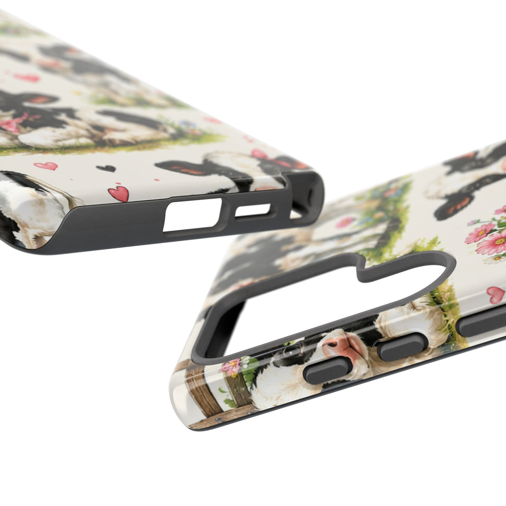 Cute Calf Pattern Phone Case – Pastel Cow Hearts & Flowers Protective Cover