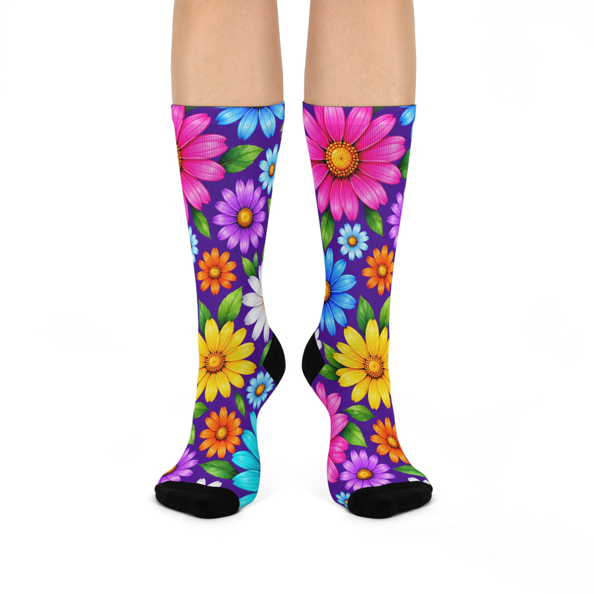 Floral Burst Cushioned Crew Socks — Colorful Daisy Garden Comfort