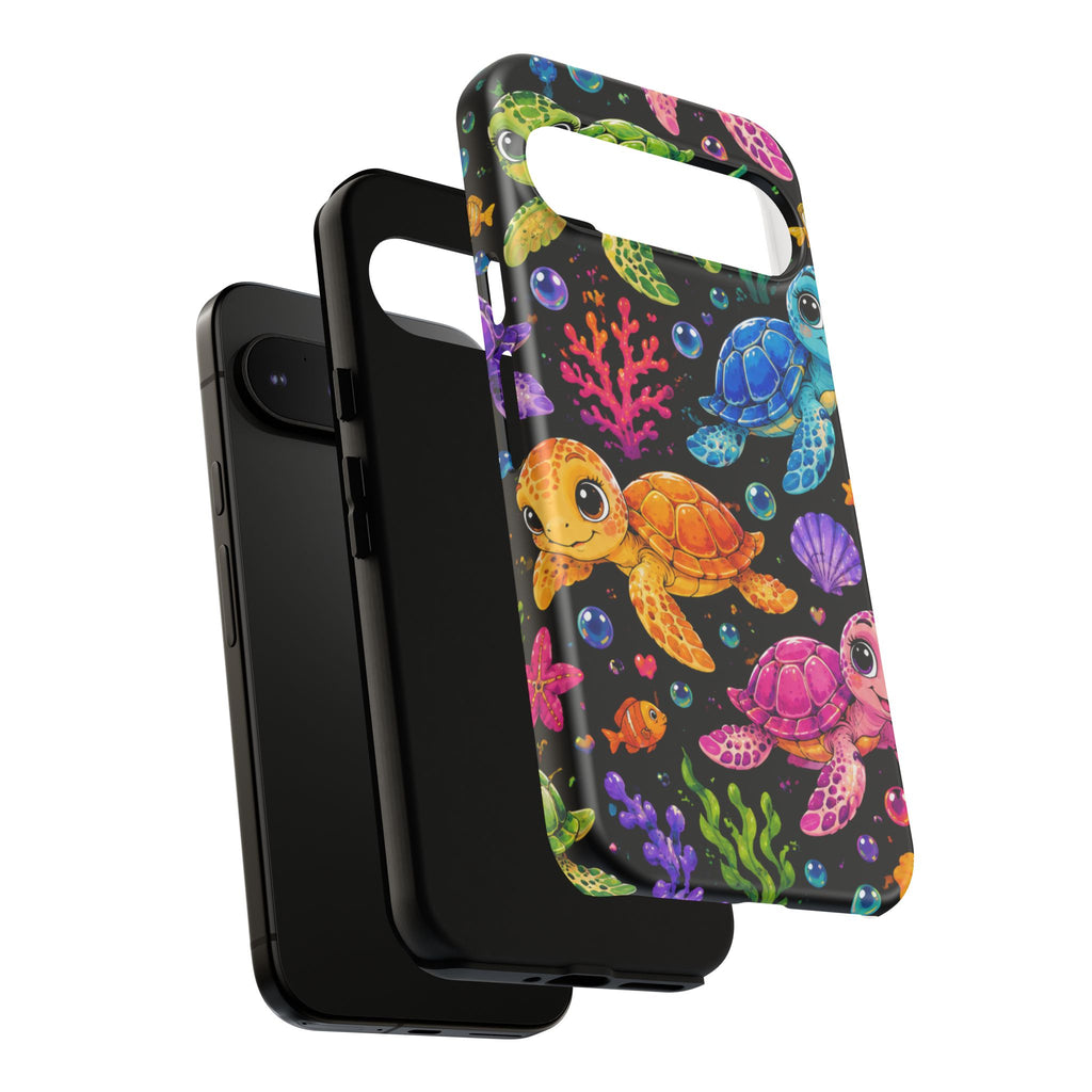 Phone Case — Colorful Cute Sea Turtles on Black (Protective Smartphone Cover)