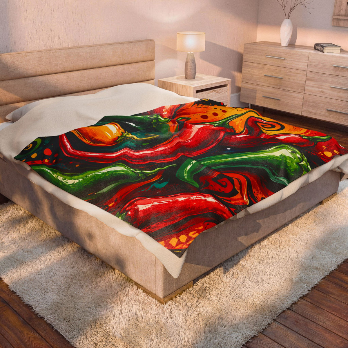 Spicy Chili Pepper Velveteen Plush Blanket – Vibrant Southwestern Pepper Print Throw