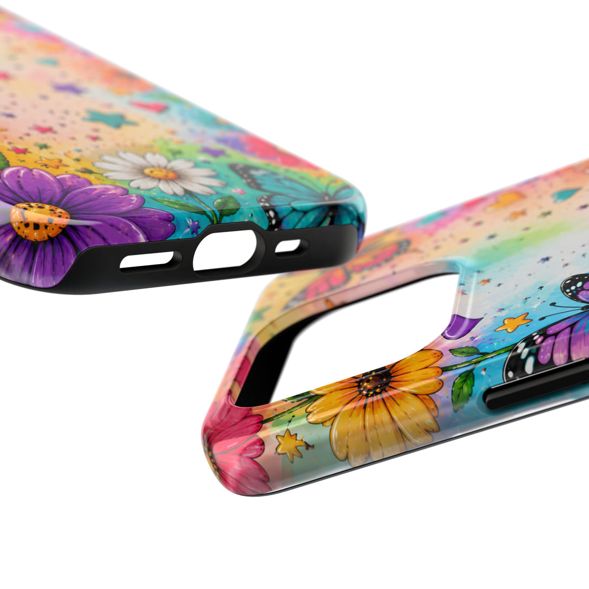 Colorful Butterflies and Flowers Tough Phone Case | Rainbow Hearts Stars