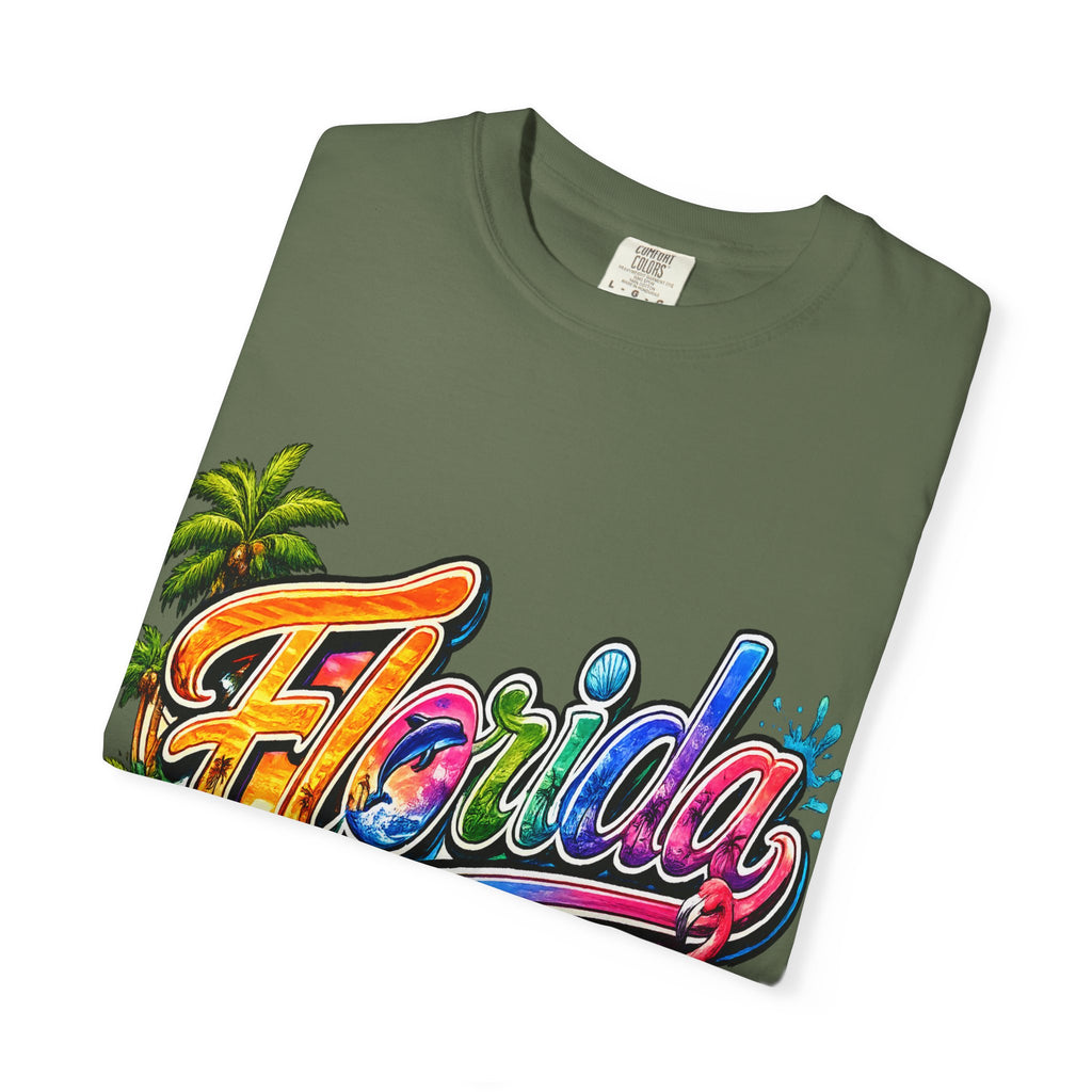 Florida Retro Palm Beach Sunset T-Shirt | Flamingo Hibiscus