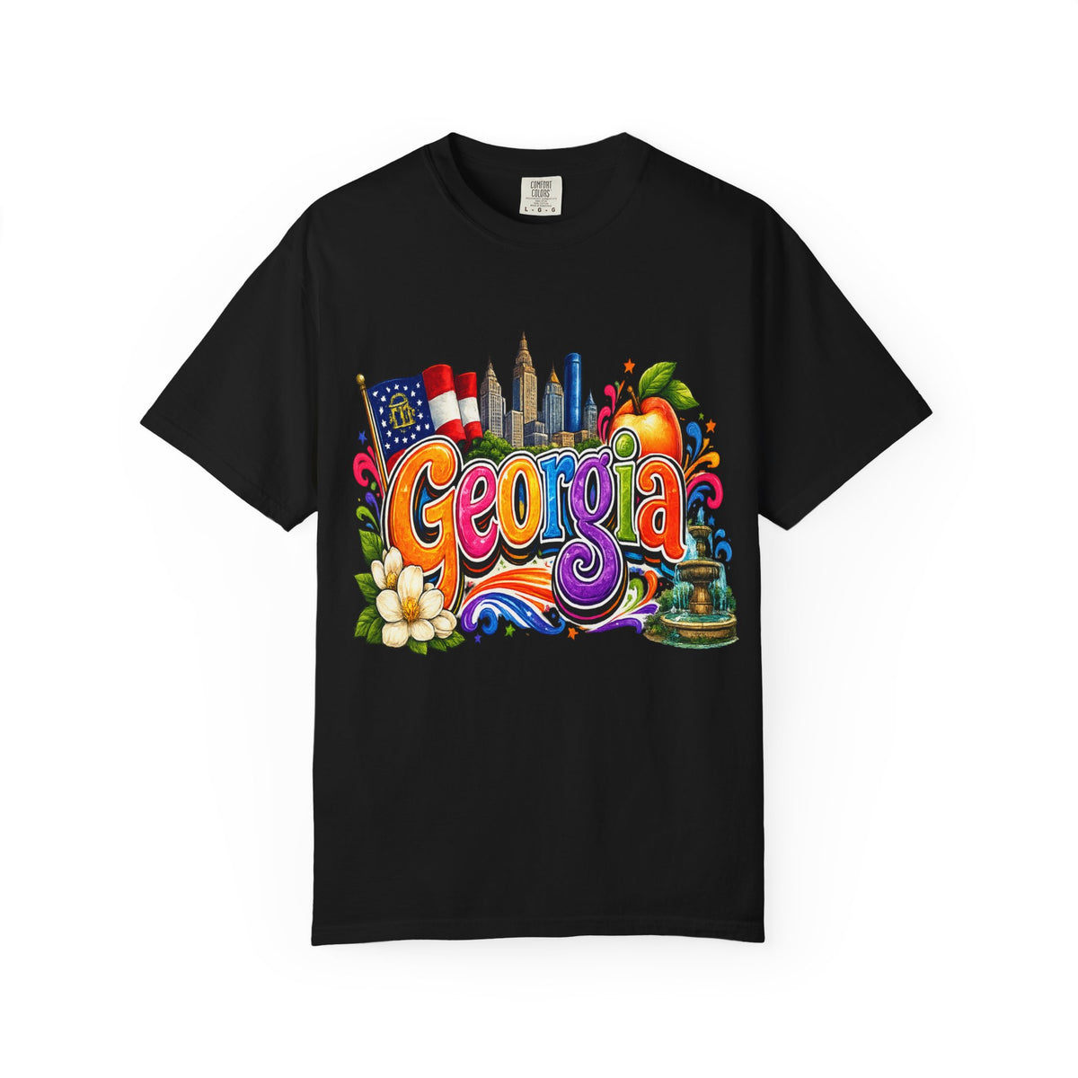Georgia state illustration T-shirt | Atlanta skyline, peach, magnolia