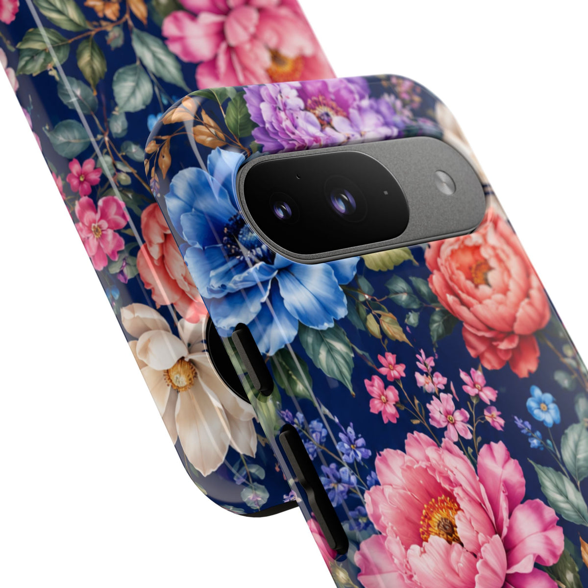 Floral Tough Phone Case – Vibrant Garden Flowers on Navy