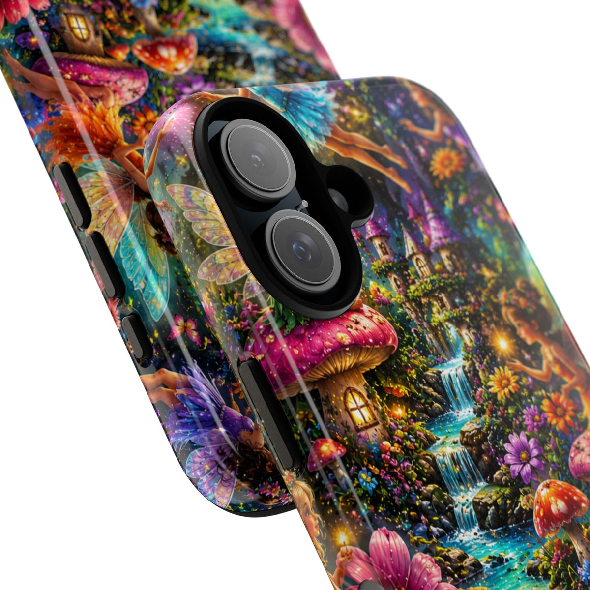 Fairy Garden Tough Phone Case — Whimsical Cottage, Waterfall & Mushroom Artwork