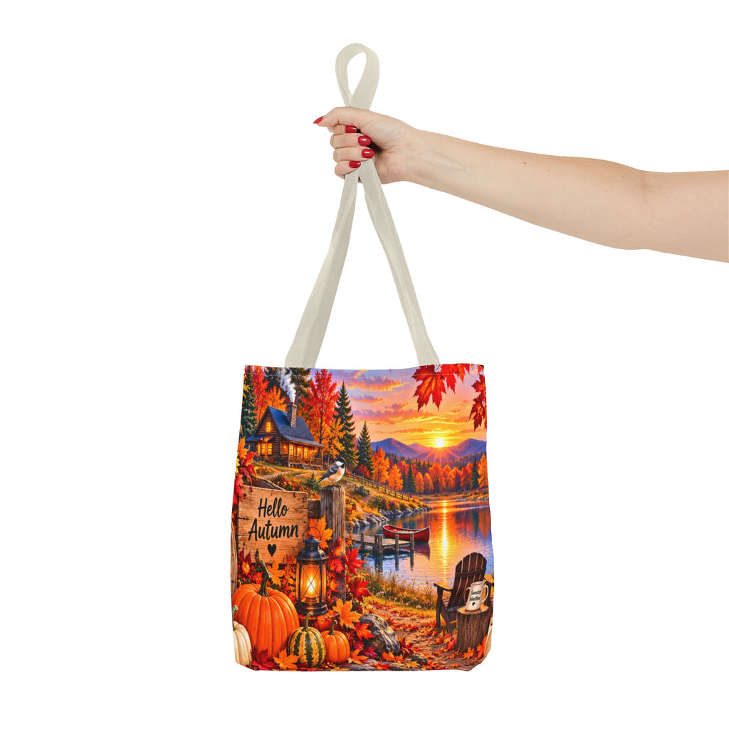 Autumn Lakeside Tote Bag — "Hello Autumn" Fall Cabin Sunset Design