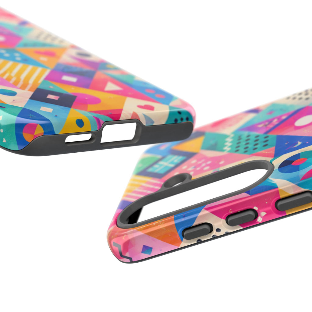 Colorful Geometric Tough Phone Case — Bright Abstract Heart & Triangle Pattern