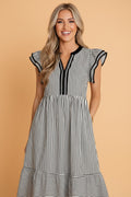 Stripe Ruffle Short Sleeve V-Neck Midi Dress