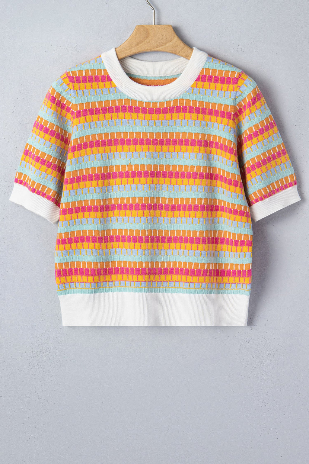 Abstract Stripe Short Sleeve Sweater Knit Top