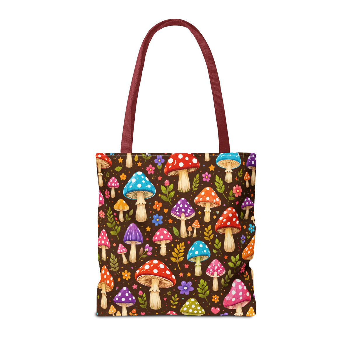 Mushroom Pattern Tote Bag — Colorful Woodland Mushroom All-Over Print Tote