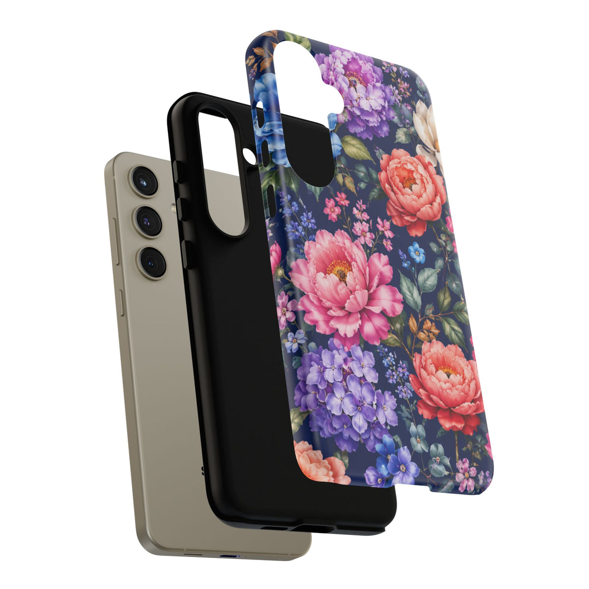 Floral Tough Phone Case – Vibrant Garden Flowers on Navy