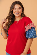Plus Size Stars & Stripe Patchwork Puff Sleeve Top