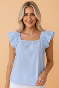 Stripe Bow Square Neck Ruffle Sleeve Blouse