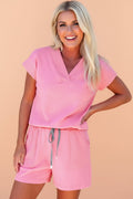 Solid V-Neck Short Sleeve Top & Drawstring Shorts Set