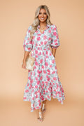 Floral Tie V-Neck Puff Sleeve Midi Dress