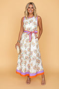 Floral Colorblock Trim Belted Sleeveless Maxi Dress