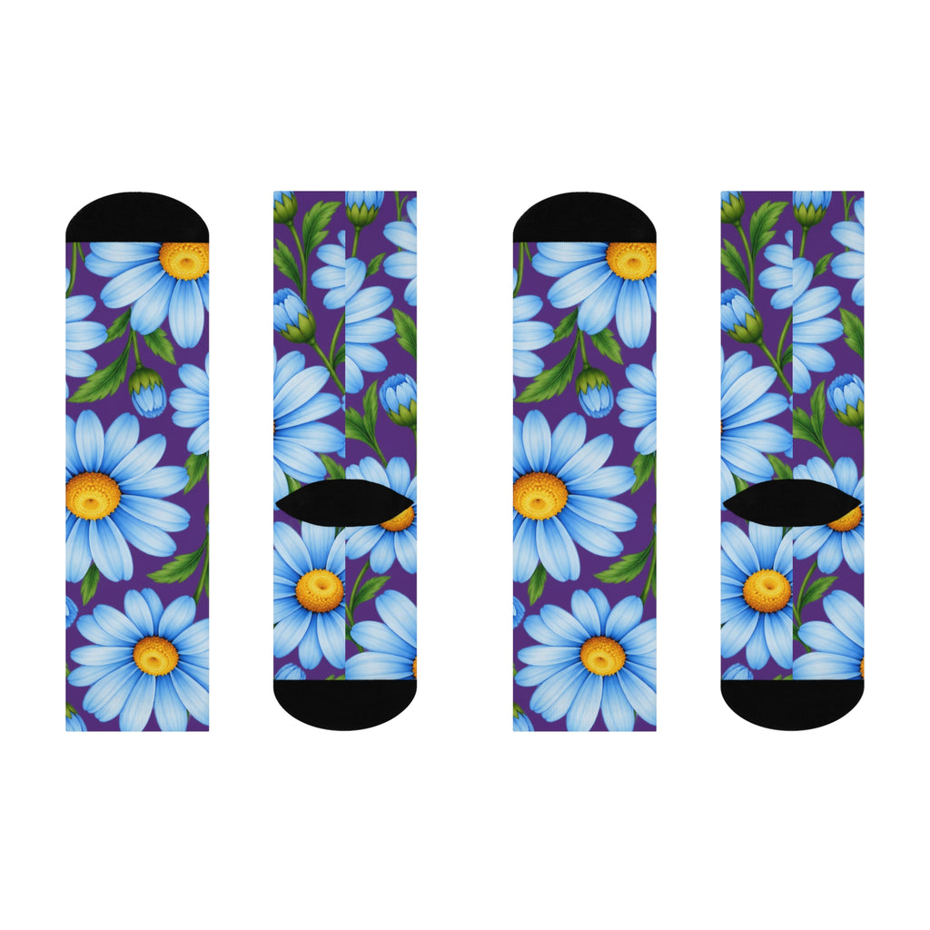 Daisy Bloom Cushioned Crew Socks — Blue Floral Knee-High Comfort