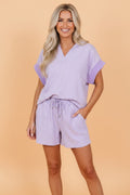 Stripe Dolman Sleeve Polo Shirt & Drawstring Shorts Set
