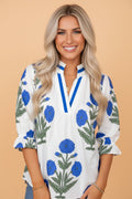 Flower Contrast V-Neck 3/4 Sleeve Blouse