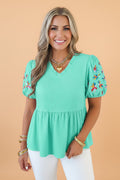Flower Embroidered Puff Sleeve Frilled V-Neck Blouse