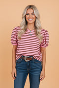 Stripe Ribbed Trim V-Neck Puff Sleeve Top