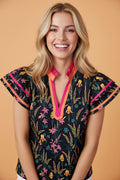 Floral Contrast Trim Tiered Ruffle Short Sleeve Blouse