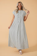 Stripe Frilled Half Buttoned Maxi Dress