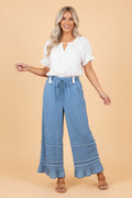 Denim Chambray Ruffle Hem Wide Leg Pants