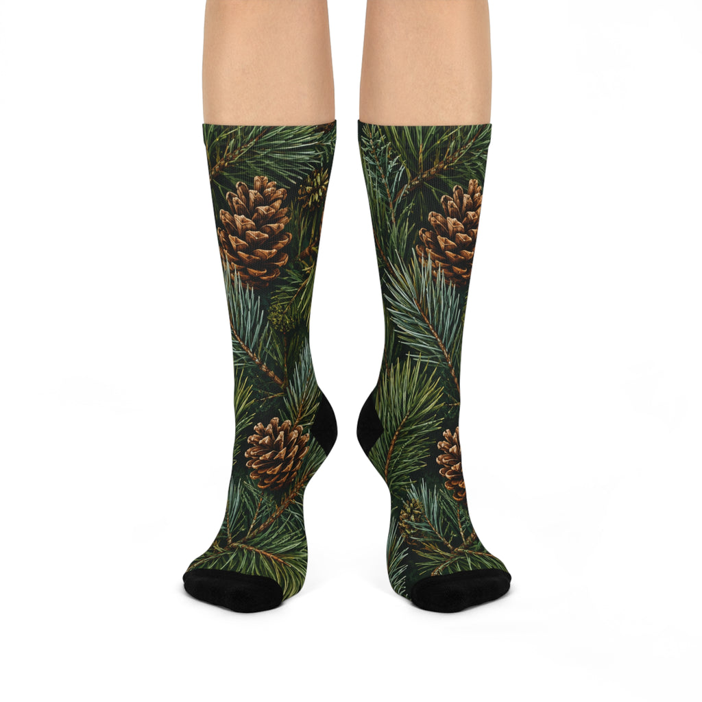 Pinecone & Evergreen Cushioned Crew Socks — Cozy Holiday Nature Print