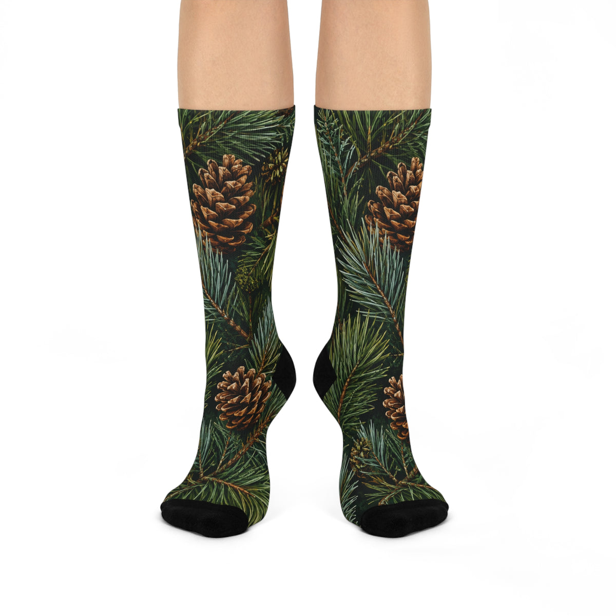 Pinecone & Evergreen Cushioned Crew Socks — Cozy Holiday Nature Print