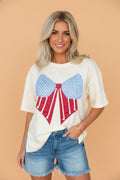 USA Flag Bow Patch Loose Knit T-Shirt
