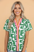 Abstract Stripe Trim V-Neck Short Sleeve Blouse