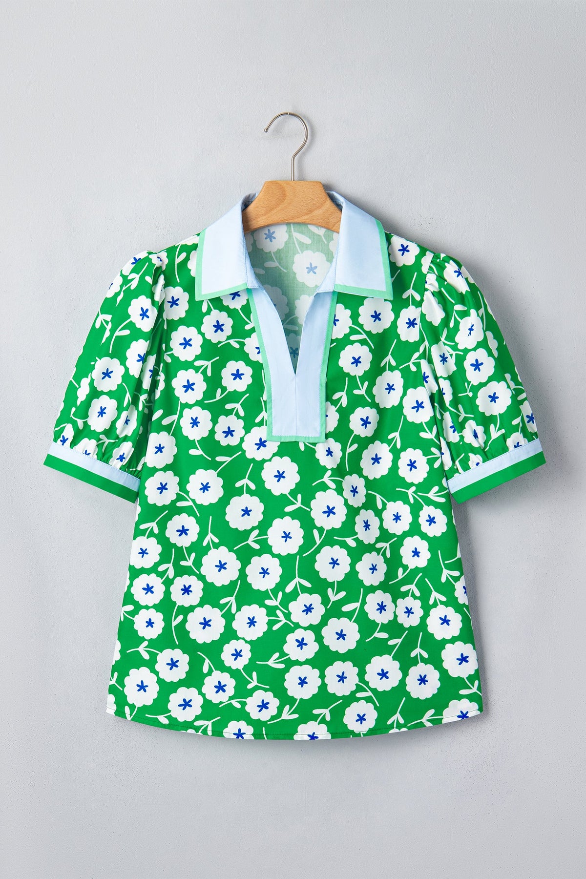 Flower Contrast Patchwork Collar Short Sleeve Blouse
