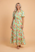 Floral V-Neck Short Puff Sleeve Maxi Dress