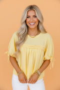 Solid Pleated Tie Sleeve Babydoll Blouse