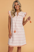 Plaid Textured Contrast Trim Tassel-Tie Mini Dress