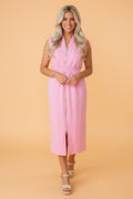 Solid Zip Up V-Neck Sleeveles Midi Dress