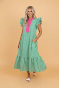 Gingham Colorblock Ruffle Sleeve Midi Dress